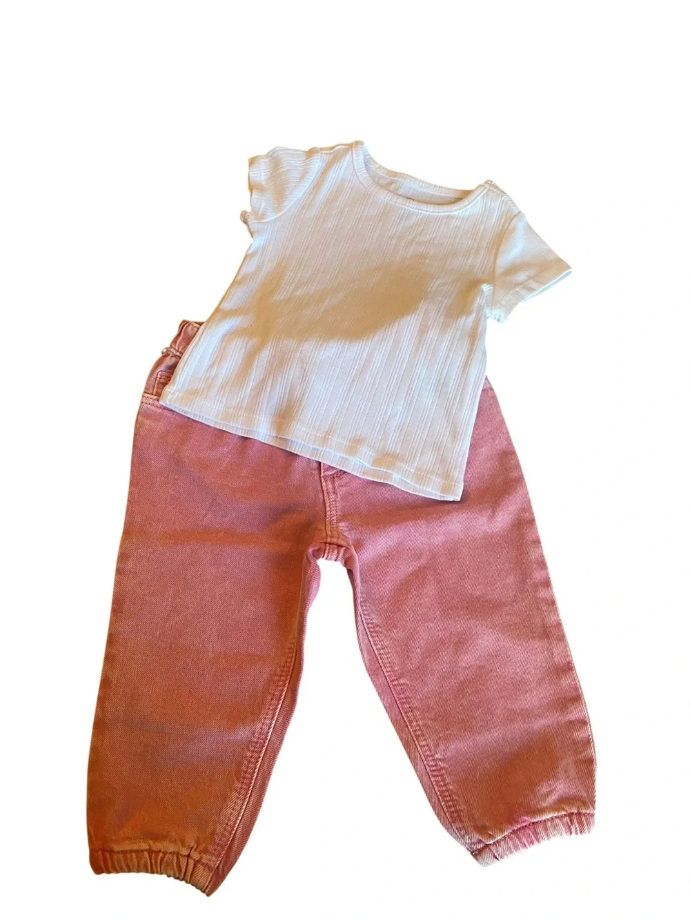 NWT GAP Girls Pink Denim Bubble Jean & Wonder Nation White Tee Size 12-18 Mos